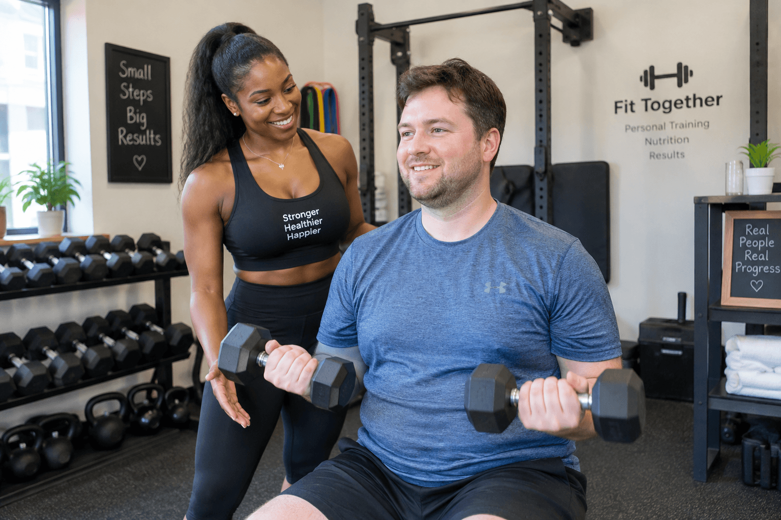 A personal trainer helping a client — one example of a service listed on EZZlisting.com