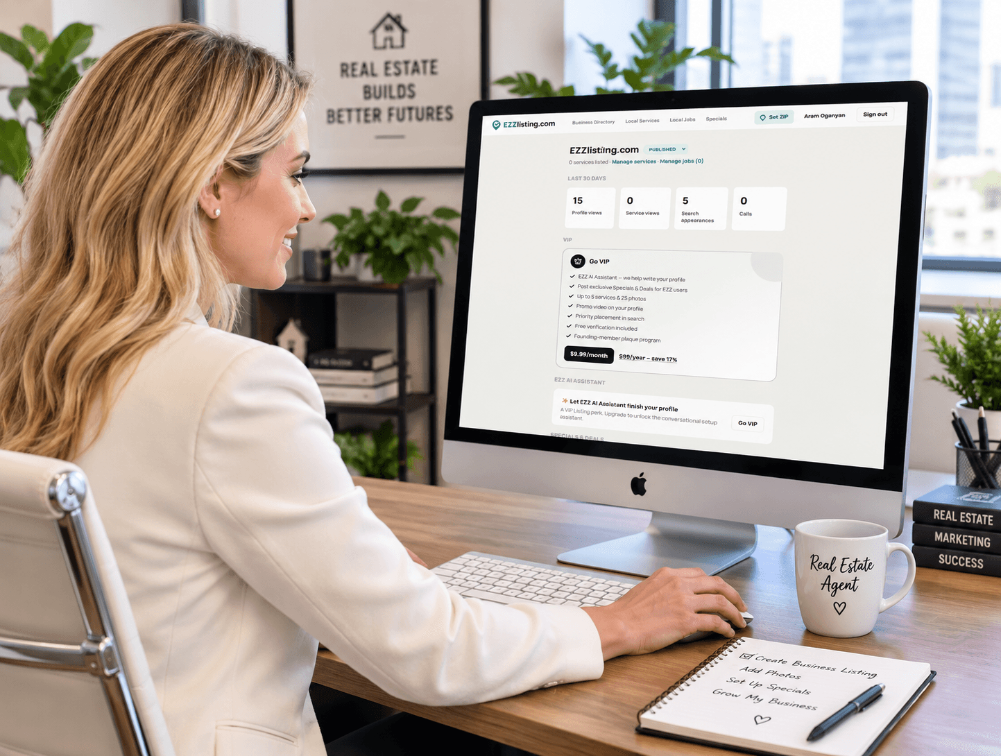 Business owner managing her listing from the EZZlisting.com dashboard