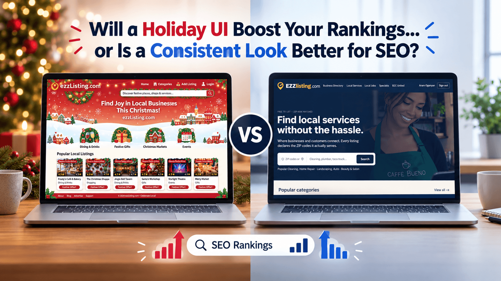 Two laptops side by side comparing a festive holiday website design against a consistent year-round business directory design, with SEO ranking charts below