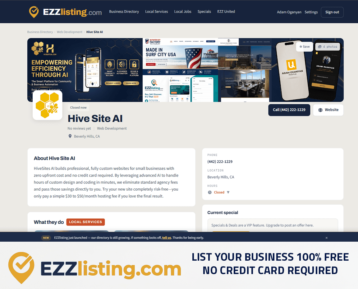 An EZZlisting business profile page — list your business 100% free, no credit card required