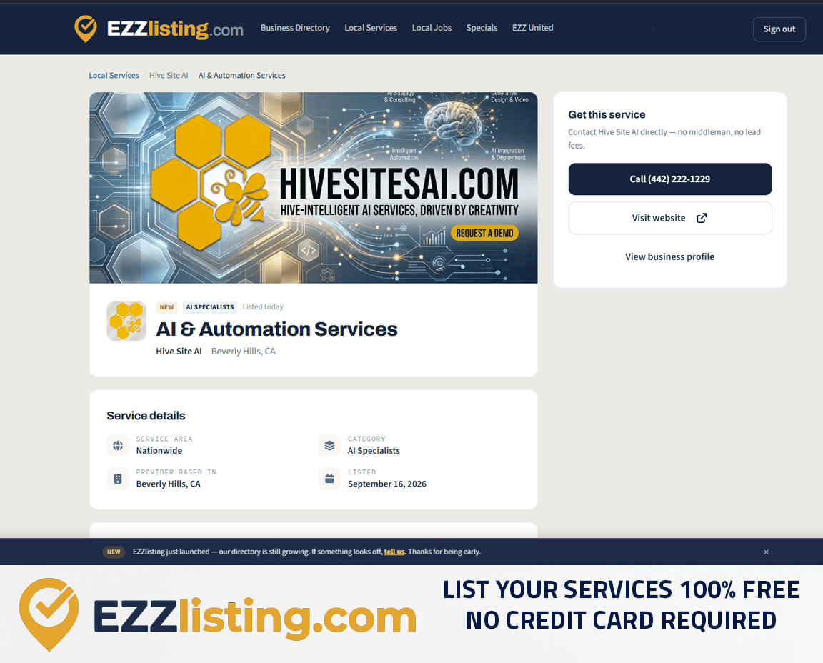 An EZZlisting service listing page — list your services 100% free, no credit card required