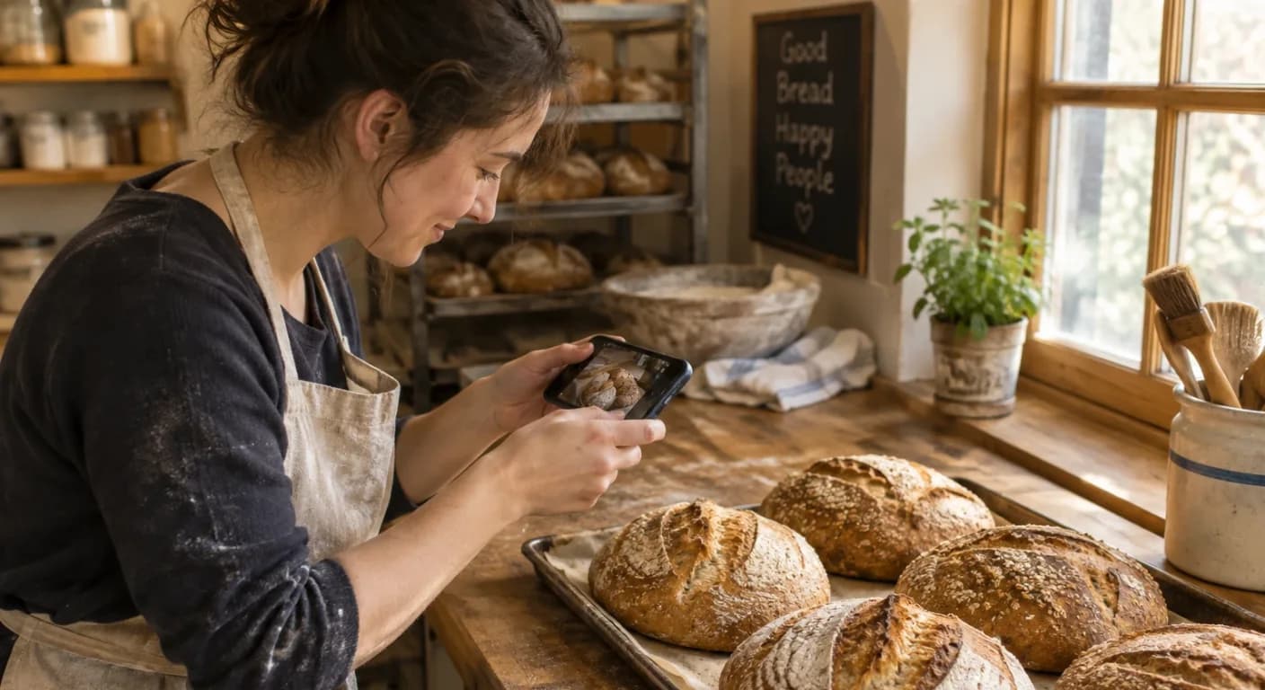 A baker photographing a tray of fresh bread on a wooden counter with a smartphone in warm window light