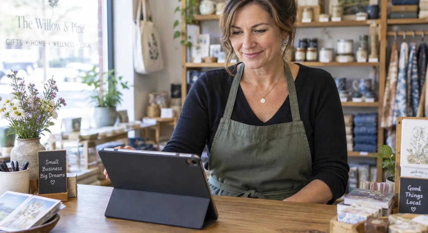 A local shop owner standing at the front counter of her store, looking at a tablet that shows her business listing