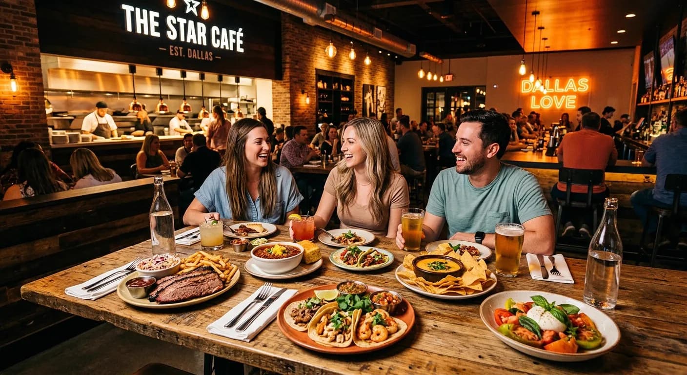 Three friends laughing over brisket, tacos and beers at a busy Dallas restaurant