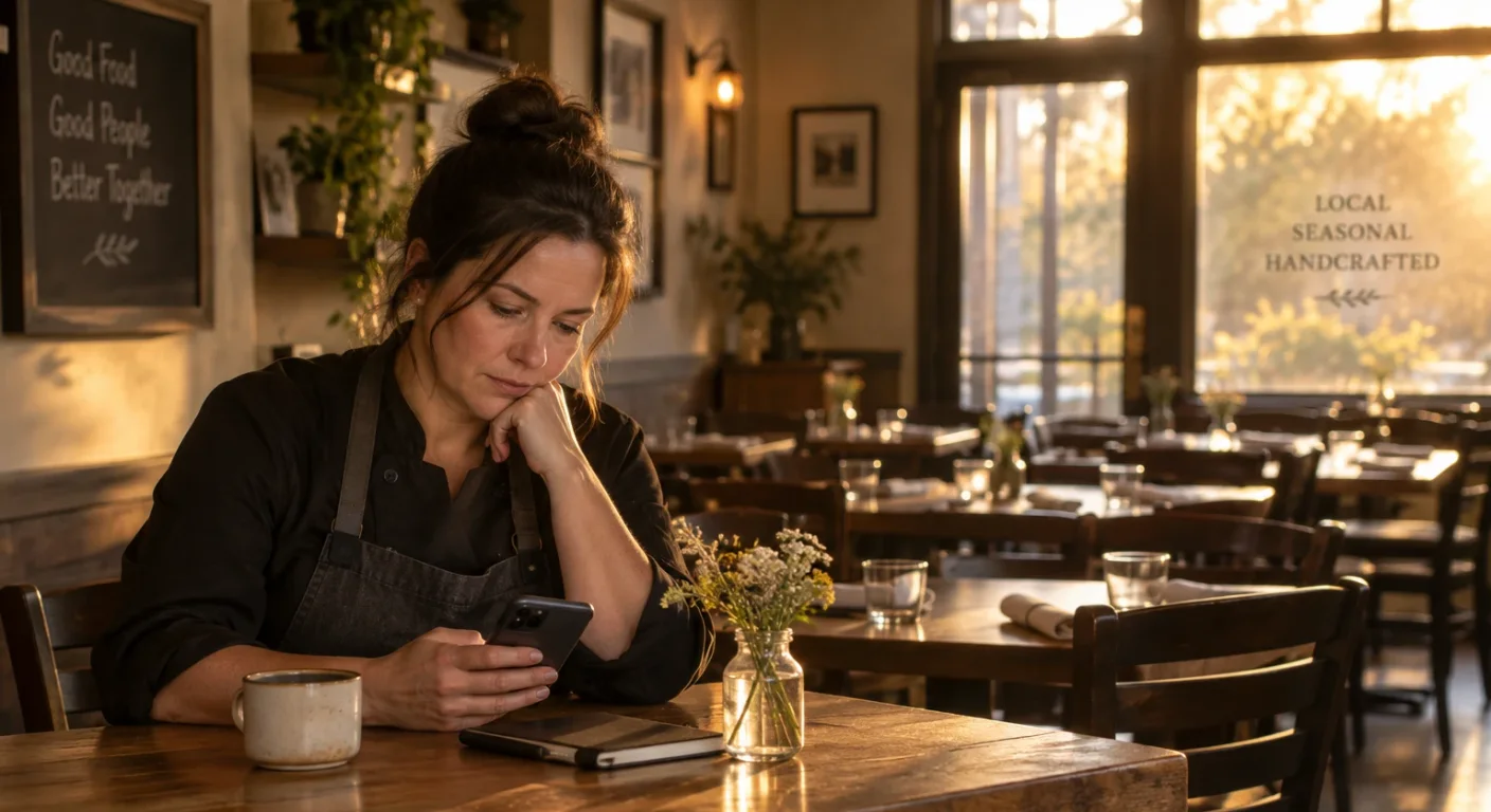 A restaurant owner at a quiet table in her dining room, thoughtfully reading a customer review on her phone