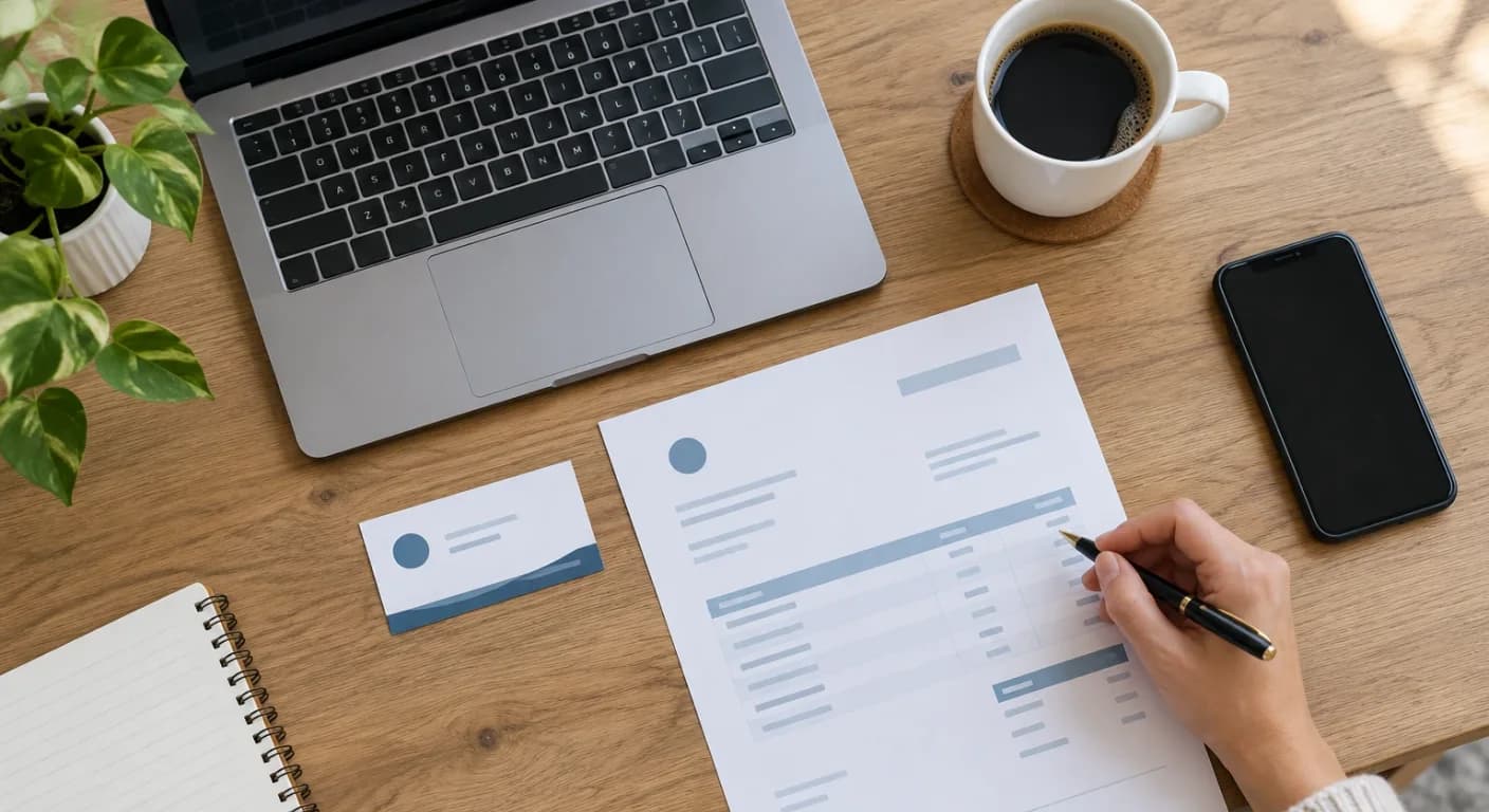 A small business owner at a desk comparing the same company details across a laptop, a printed invoice and a phone