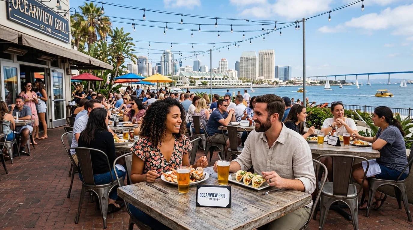 Diners on the patio of a San Diego waterfront grill, with the downtown skyline and the Coronado Bridge behind them
