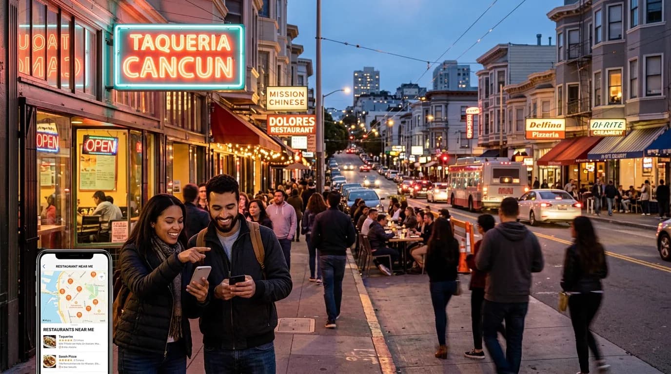 Two friends looking up restaurants on a phone on a lively San Francisco street at dusk, lined with neon signs