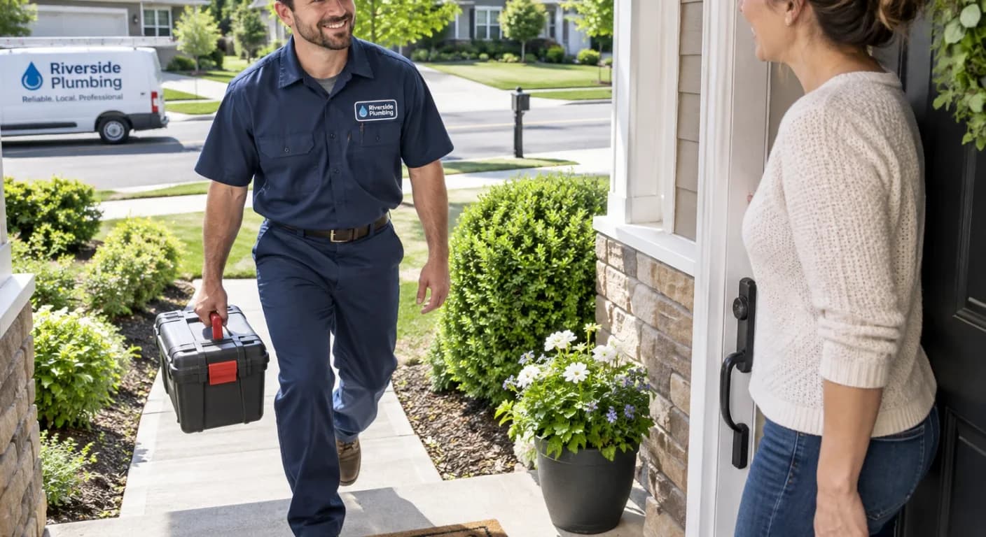 A plumber with a toolbox standing at a customer's front door in a suburban neighborhood, greeted by the homeowner