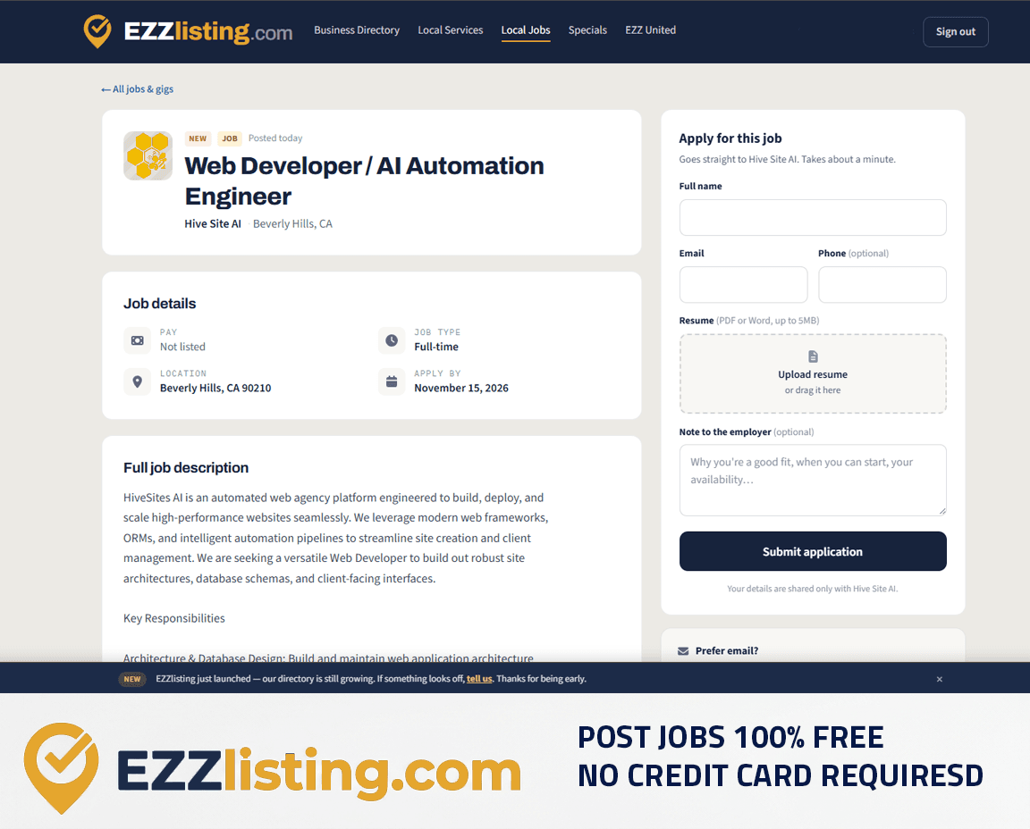 An EZZlisting job posting page — post jobs 100% free, no credit card required