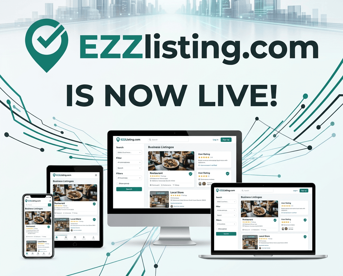 EZZlisting.com is now live — the directory shown across desktop, laptop, tablet, and phone