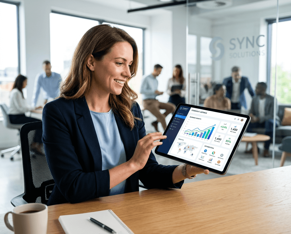 A business owner reviewing her EZZlisting dashboard on a tablet