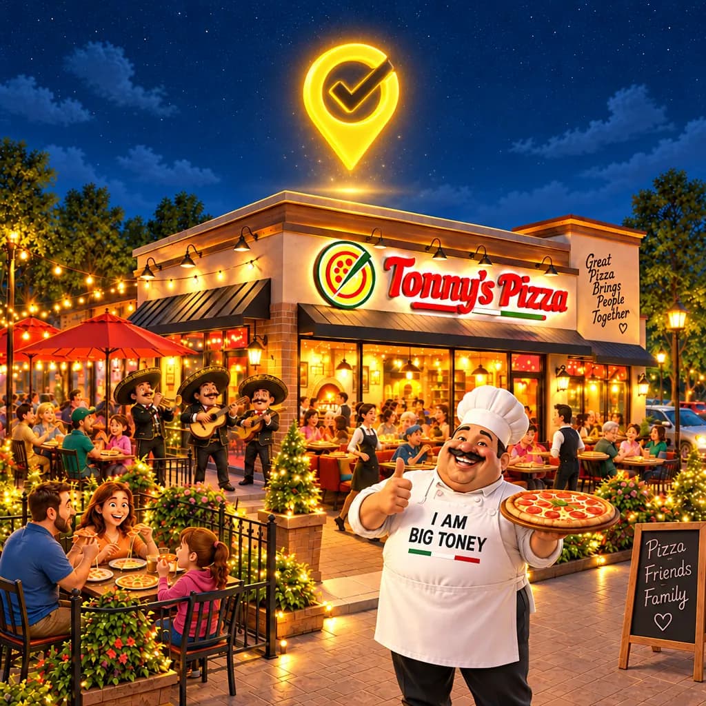 A local restaurant at night with the EZZlisting marker glowing above it, and its chef giving a thumbs up