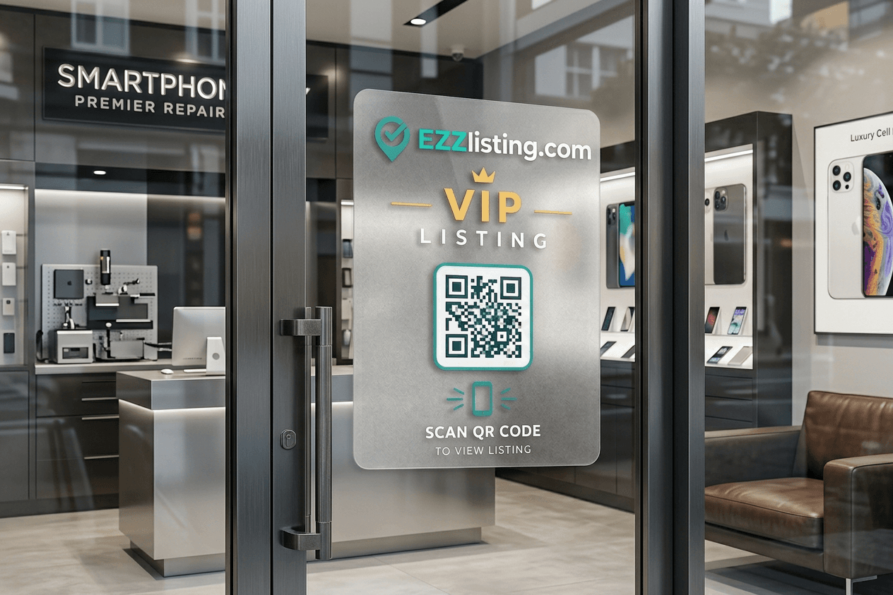 An EZZlisting.com VIP window decal with a scannable QR code on a storefront door