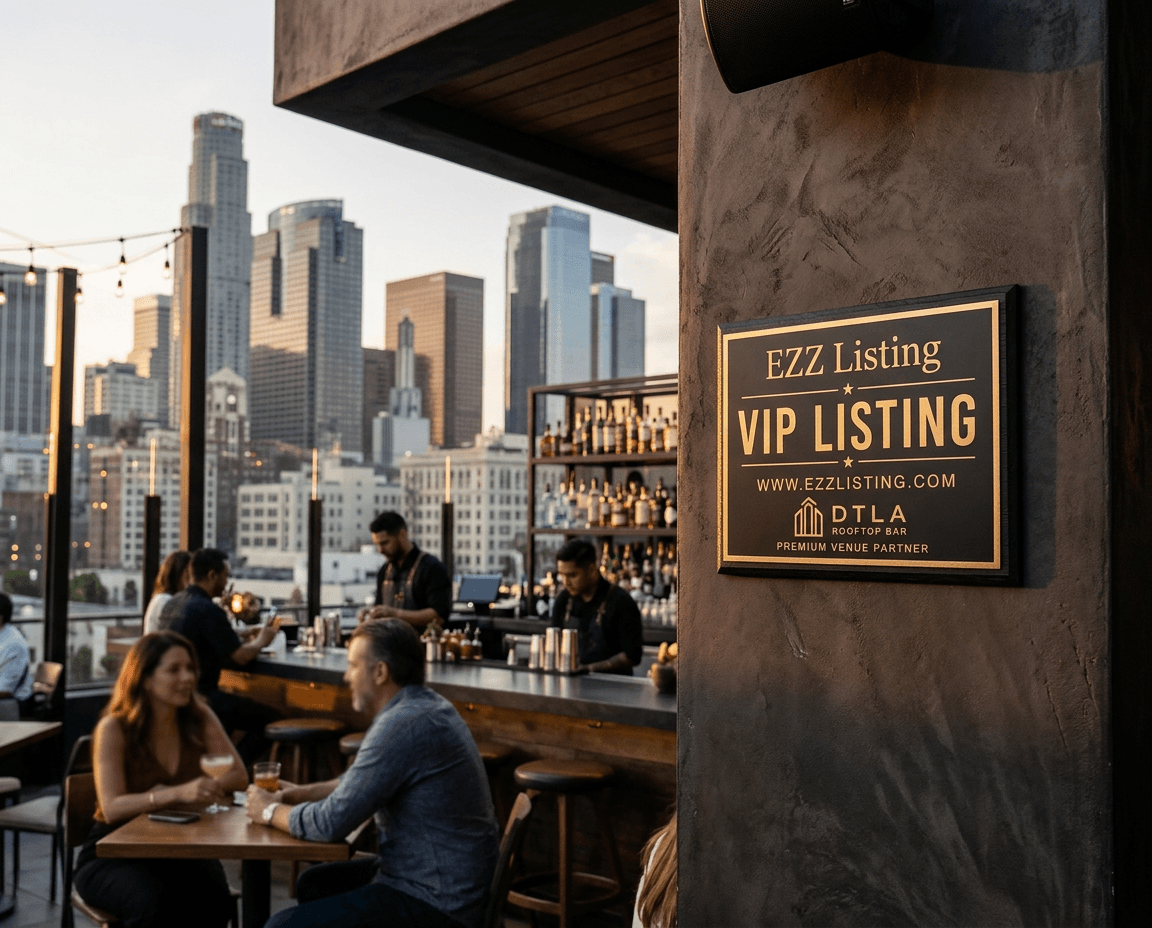 The EZZ Listing VIP plaque mounted at a downtown rooftop bar, with the city skyline behind