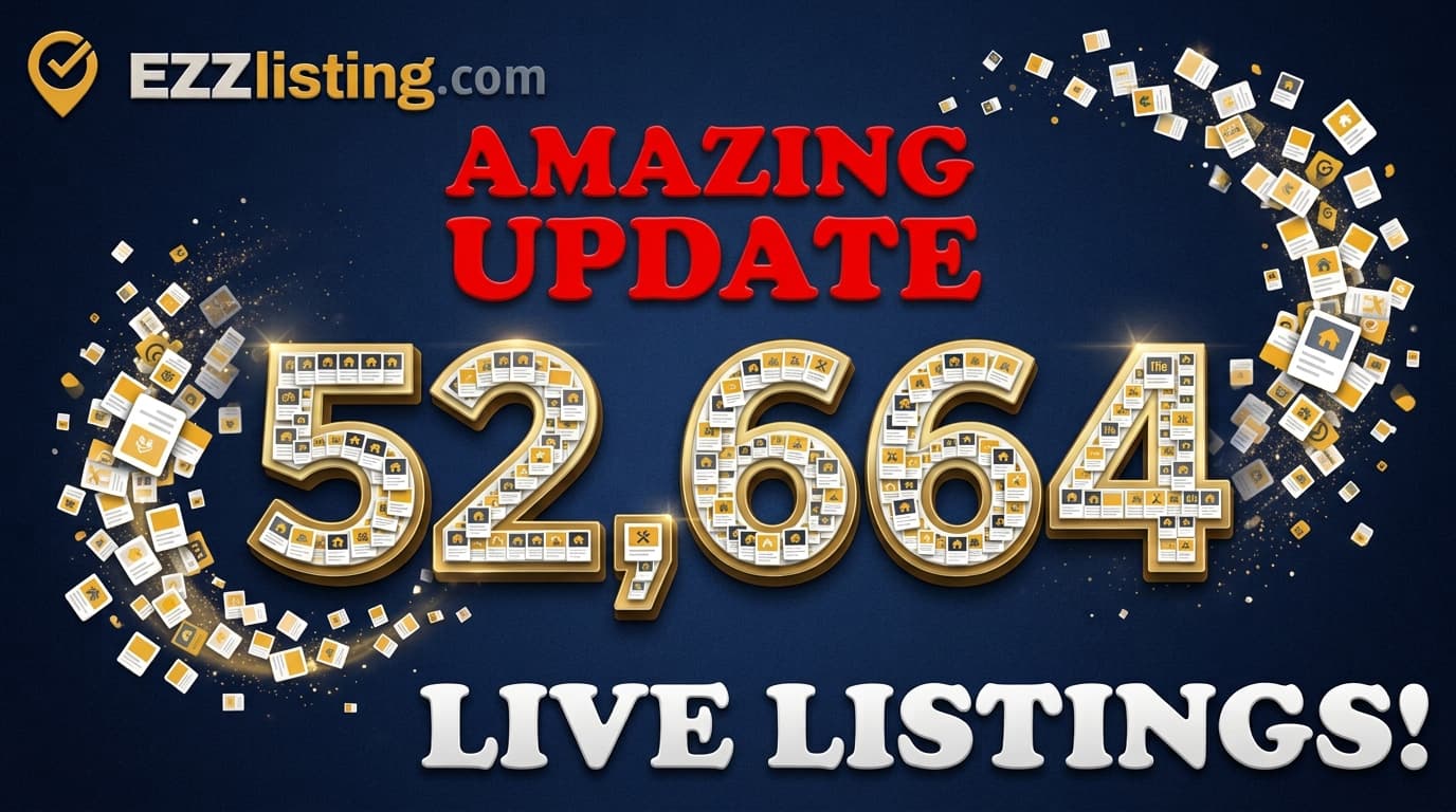 EZZlisting.com announcement graphic reading "Amazing Update — 52,664 live listings!", with the numerals built out of business listing cards