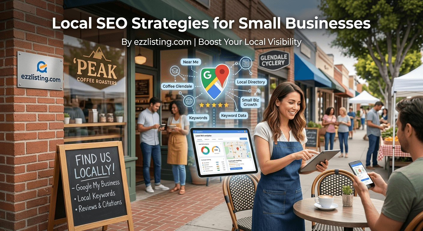 Local SEO strategies for small businesses — a coffee shop owner checking local search rankings on a tablet outside her storefront