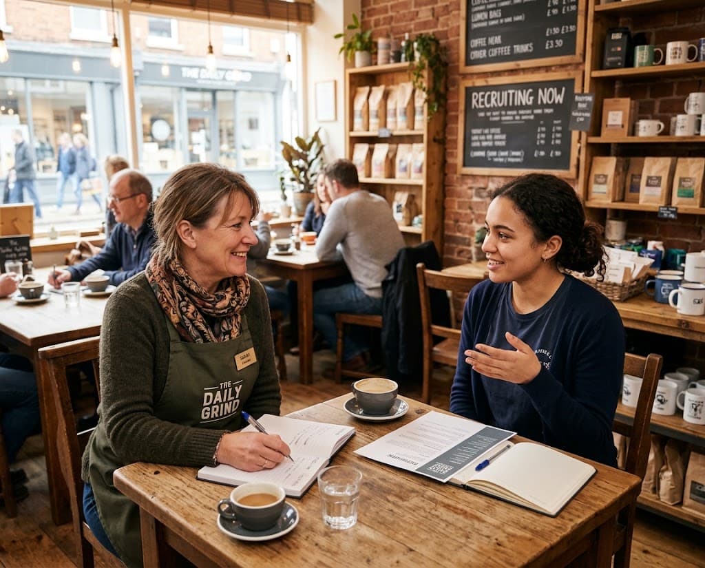 A shop owner interviewing a local candidate at a table inside their business