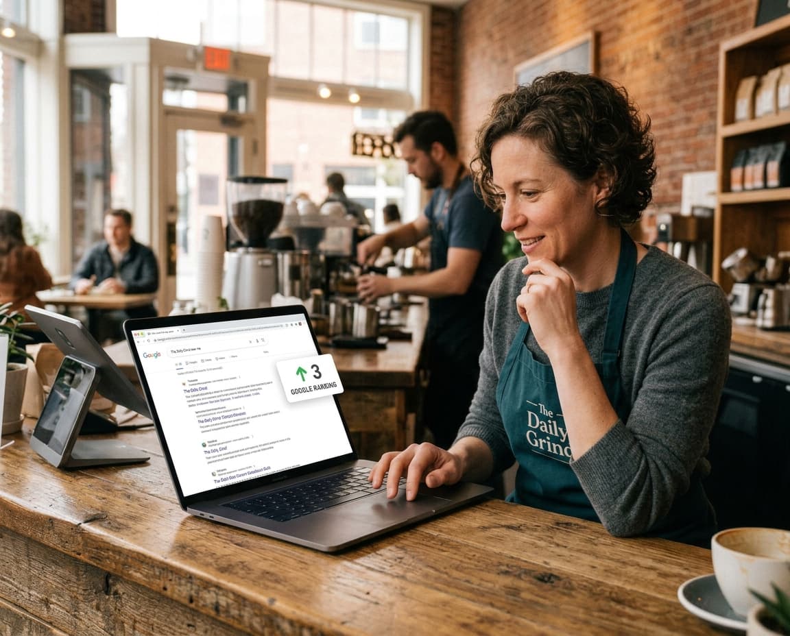 A local business owner checking their Google search ranking on a laptop at the front counter