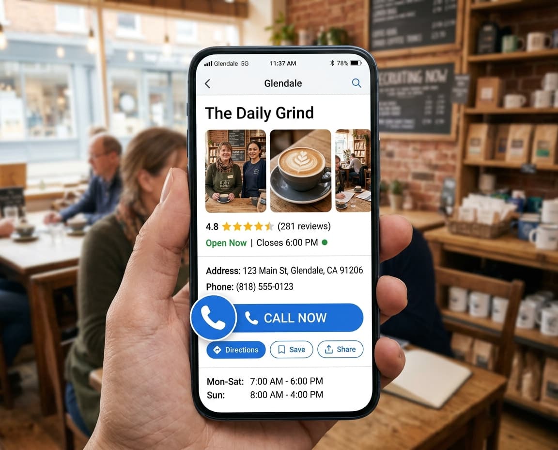 A phone showing a local business listing with photos, hours, and a call button